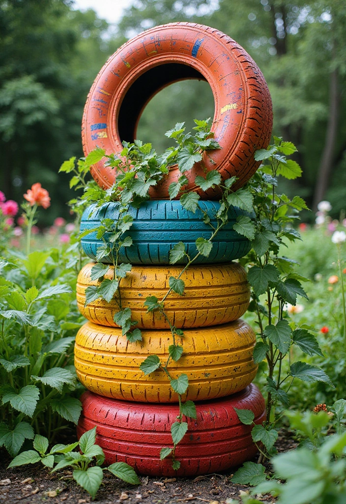 30 Dollar Tree Trellis Ideas That Are Budget-Friendly and Cute - 29. Painted Tire Trellis