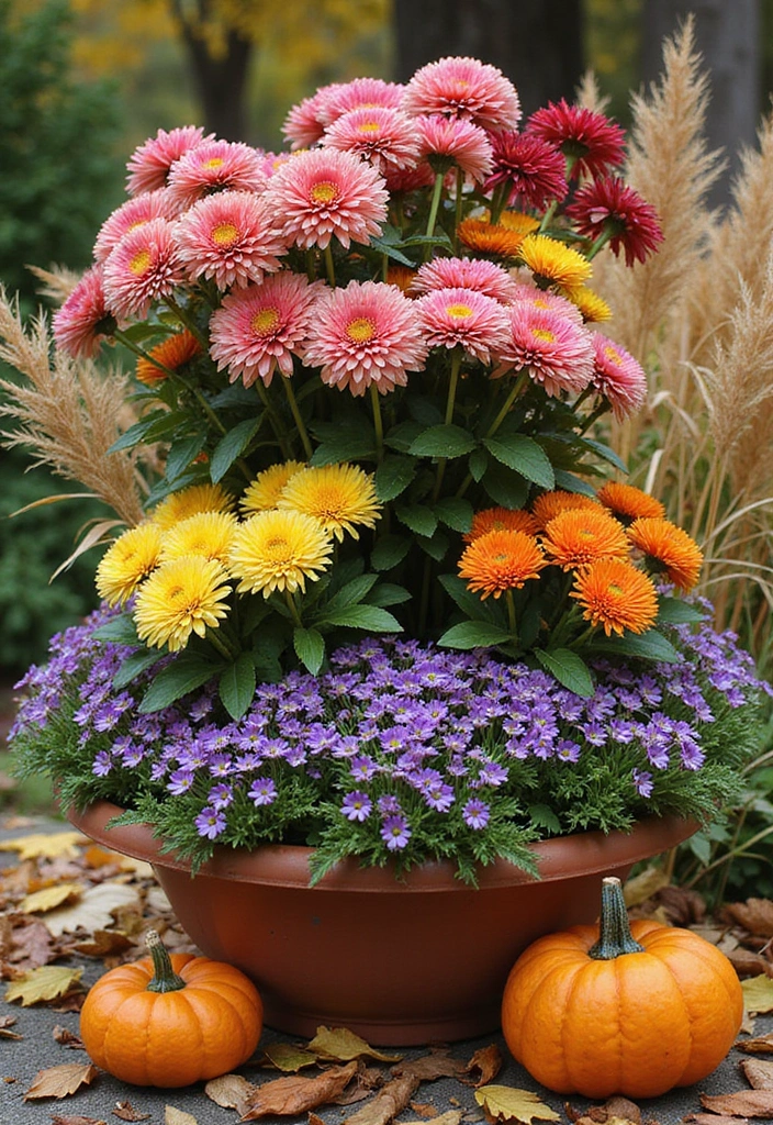 30 Easy Fall Planter Ideas That Add Warm Seasonal Color - 1. Vibrant Chrysanthemum Mix