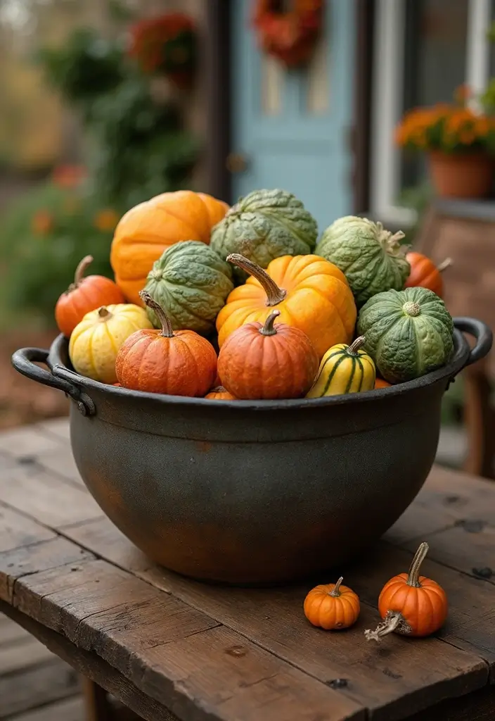 30 Easy Fall Planter Ideas That Add Warm Seasonal Color - 12. Harvest-themed Container