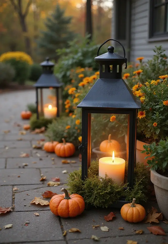 30 Easy Fall Planter Ideas That Add Warm Seasonal Color - 15. Festive Lantern Planters