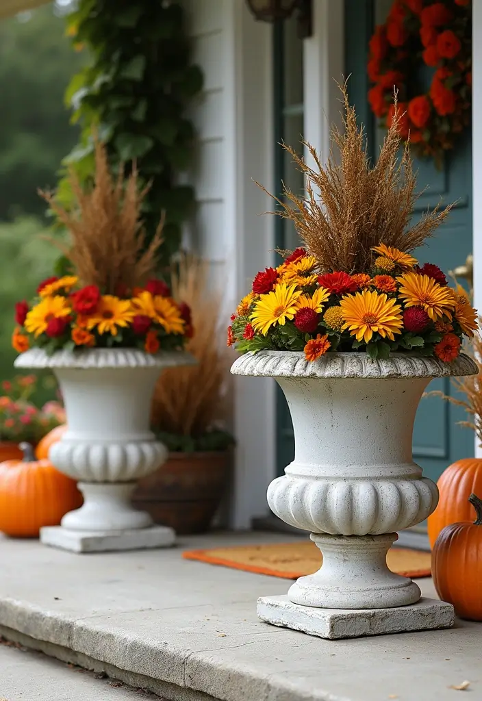 30 Easy Fall Planter Ideas That Add Warm Seasonal Color - 18. Front Porch Glory