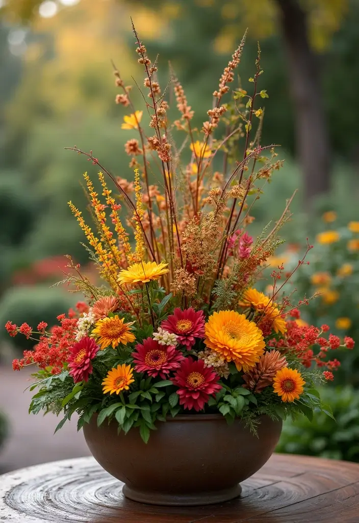 30 Easy Fall Planter Ideas That Add Warm Seasonal Color - 19. Layered Color Fall Planter