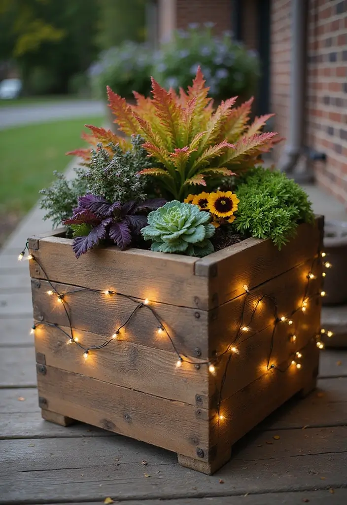 30 Easy Fall Planter Ideas That Add Warm Seasonal Color - 2. Rustic Wooden Planters
