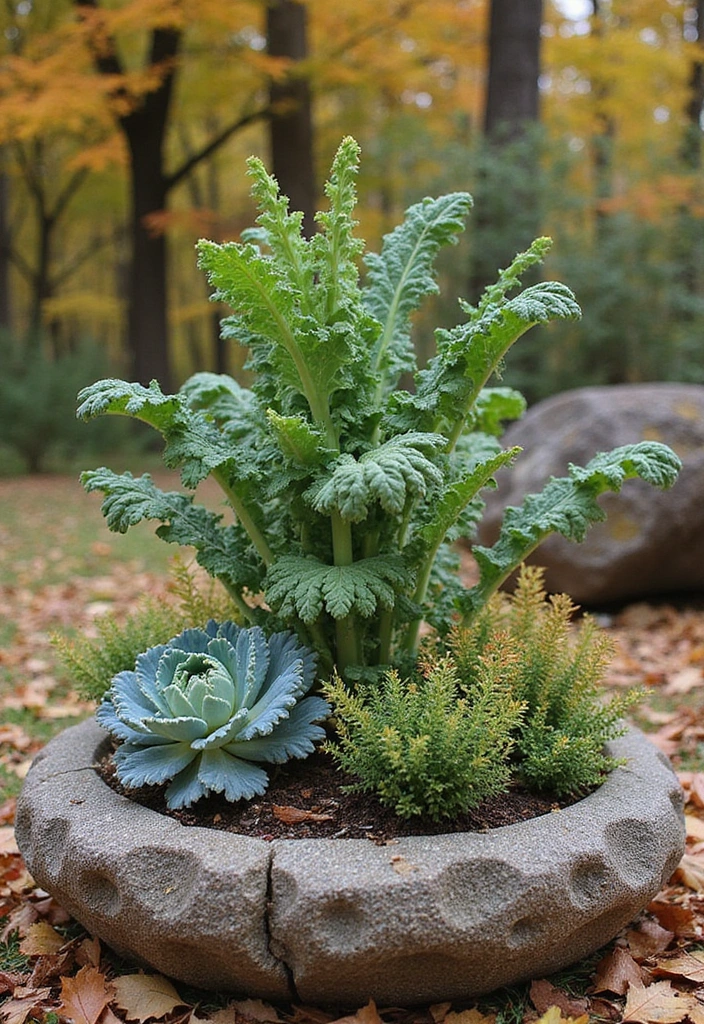 30 Easy Fall Planter Ideas That Add Warm Seasonal Color - 20. Natural Stone Planters