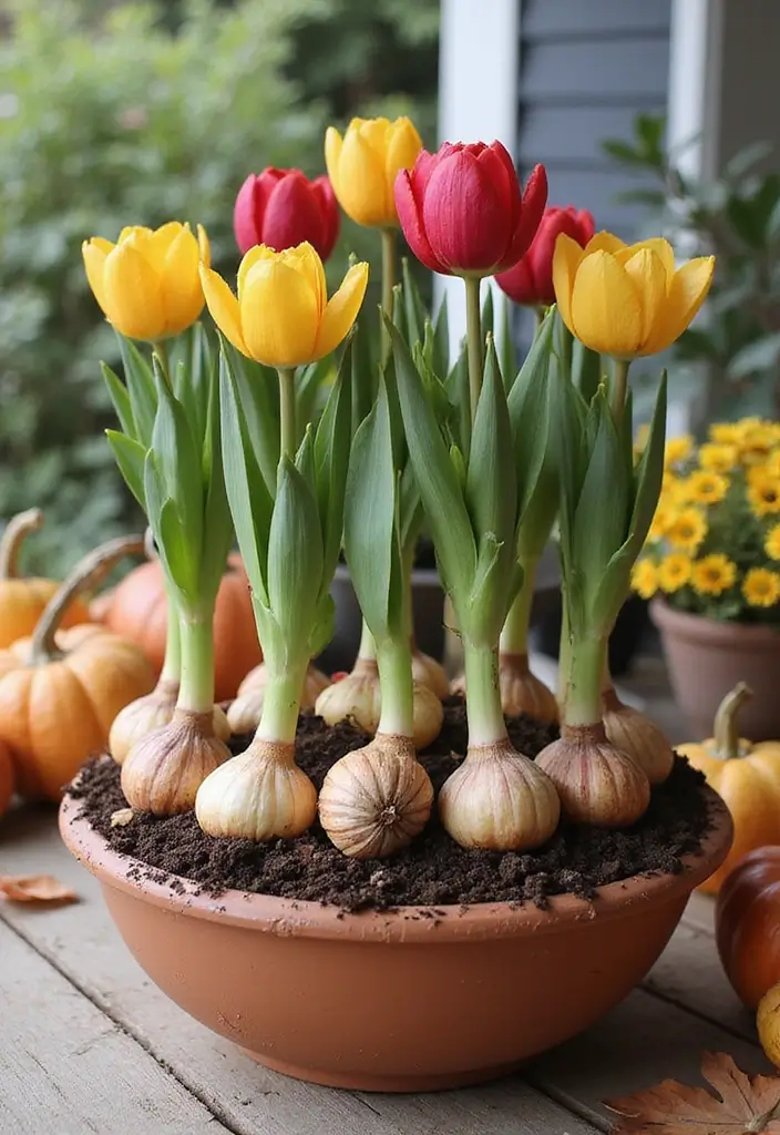 30 Easy Fall Planter Ideas That Add Warm Seasonal Color - 24. Layered Bulb Planter