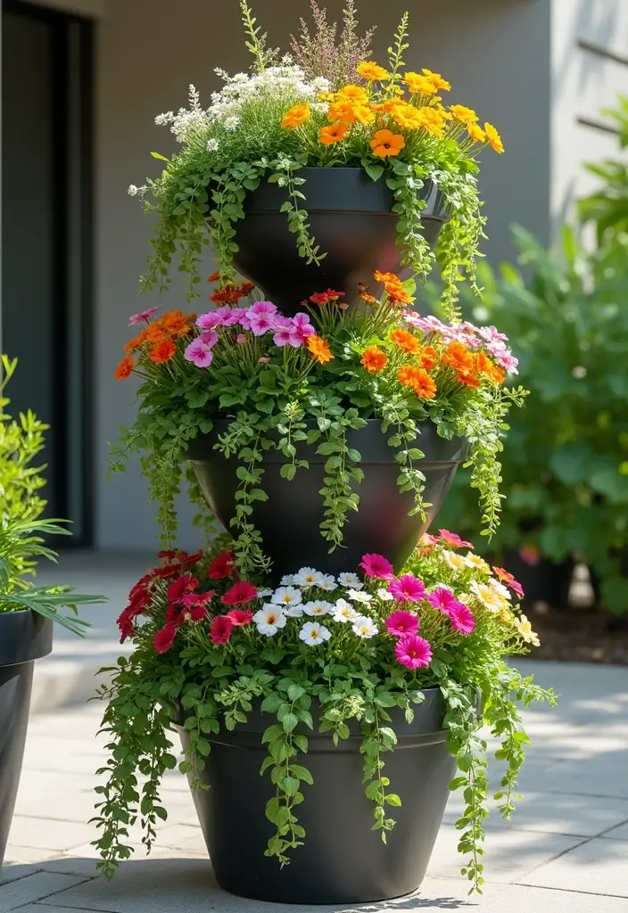 30 Easy Fall Planter Ideas That Add Warm Seasonal Color - 30. Multi-Tiered Vertical Planters