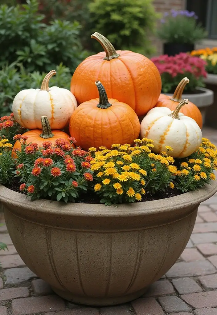 30 Easy Fall Planter Ideas That Add Warm Seasonal Color - 6. Pumpkins in Planters