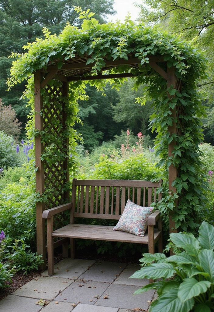 30 Free-Standing Trellis Ideas That Make a Statement 112 30 Free-Standing Trellis Ideas That Make a Statement - 18. Trellis Bench Combo