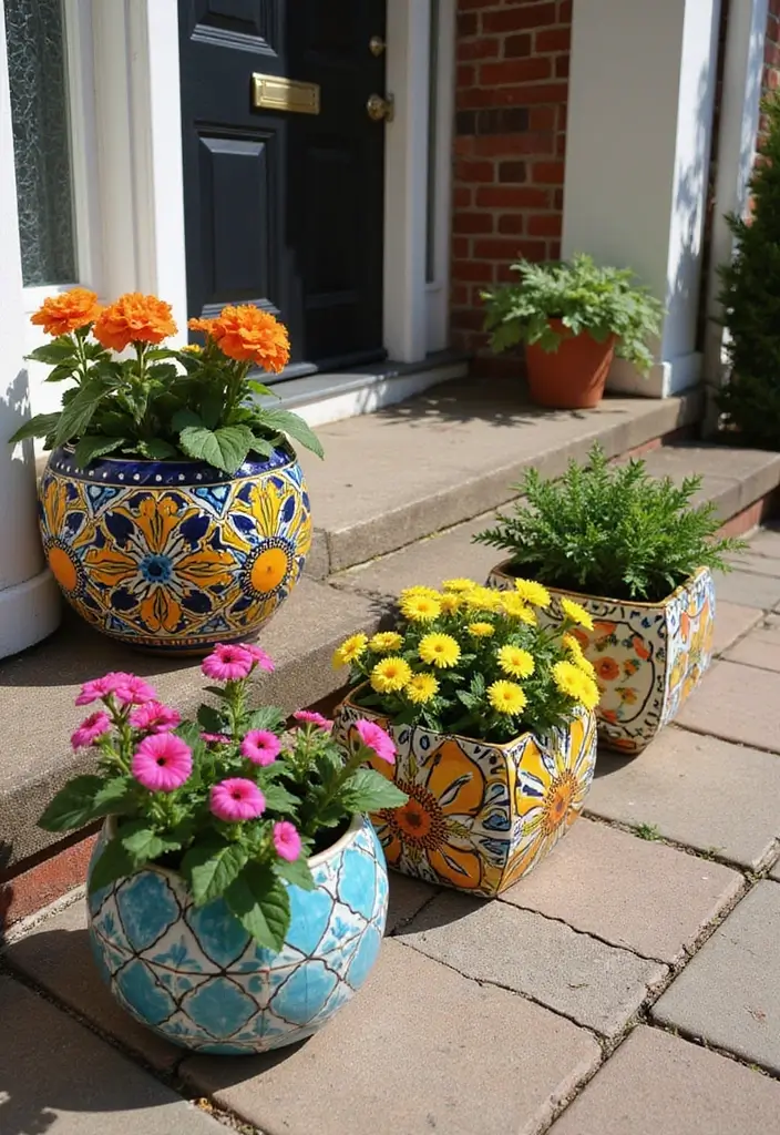 30 Front Porch Planter Ideas to Boost Your Curb Appeal 185 30 Front Porch Planter Ideas to Boost Your Curb Appeal - 29. Colorful Tile Planters