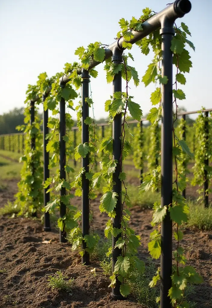 30 Grapes Trellis Ideas for a Flourishing Backyard Vineyard - 14. Vertical Pipe Trellis