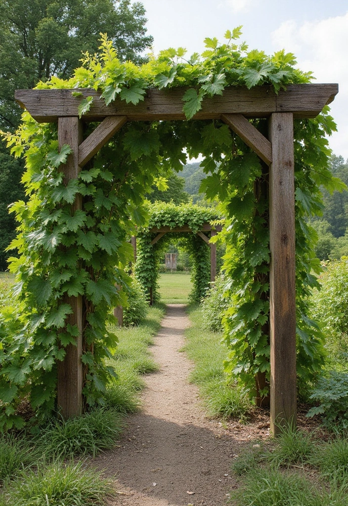 30 Grapes Trellis Ideas for a Flourishing Backyard Vineyard - 19. Rustic Wooden Beam Trellis