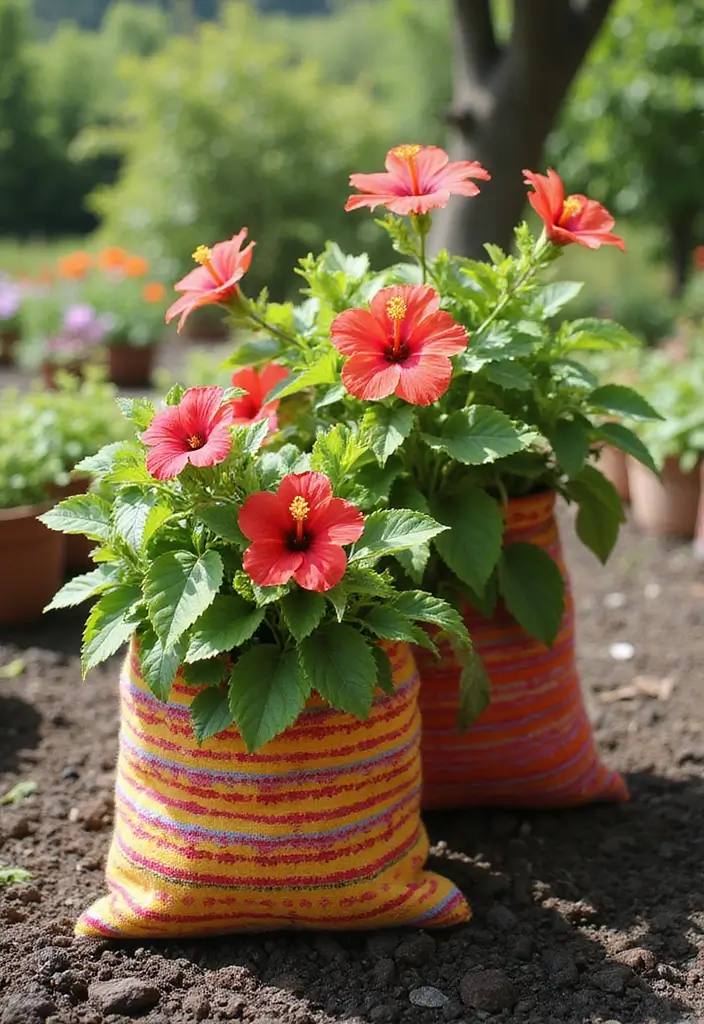 30 Hibiscus Planter Ideas That Bring Tropical Beauty - 13. Fabric Grow Bags