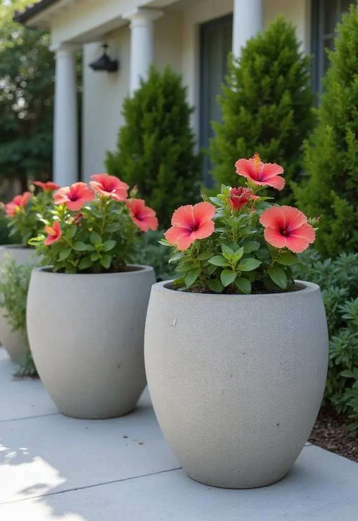 30 Hibiscus Planter Ideas That Bring Tropical Beauty - 14. Modern Concrete Planters