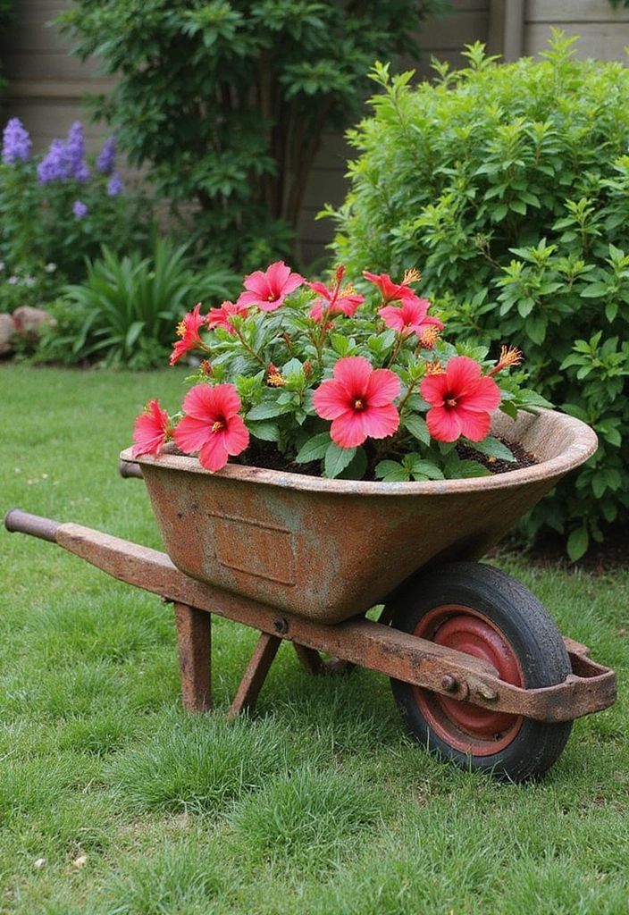 30 Hibiscus Planter Ideas That Bring Tropical Beauty - 15. Wheelbarrow Planters