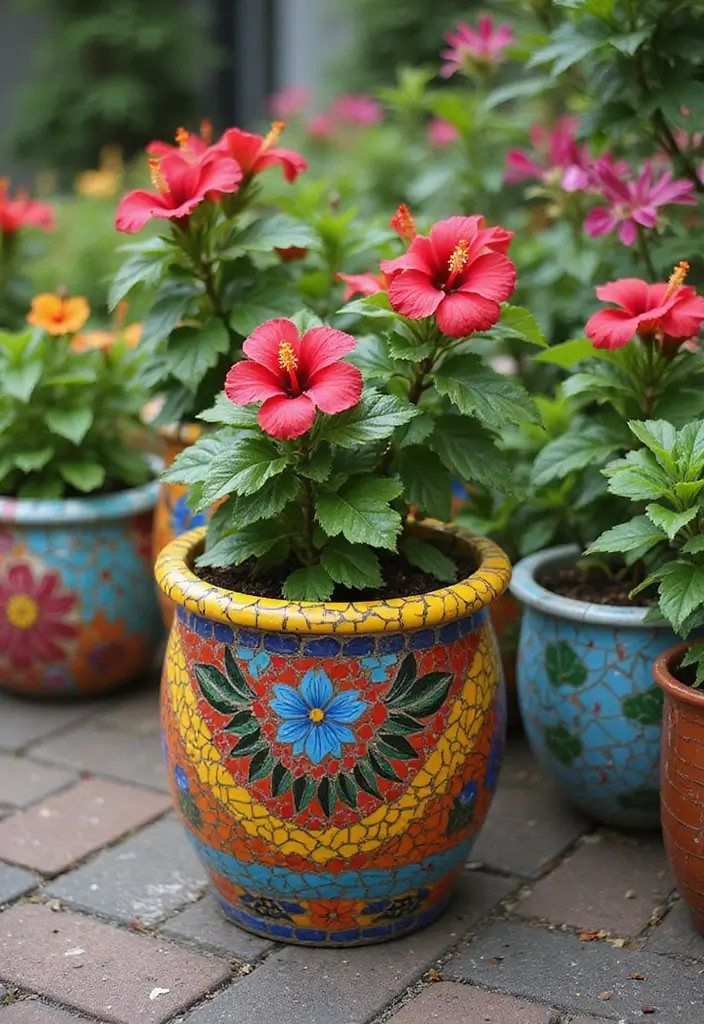 30 Hibiscus Planter Ideas That Bring Tropical Beauty - 18. Mosaic Planters