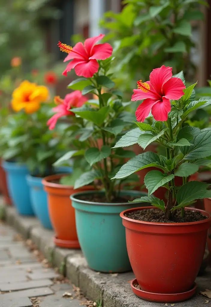30 Hibiscus Planter Ideas That Bring Tropical Beauty - 2. Colorful Ceramic Pots