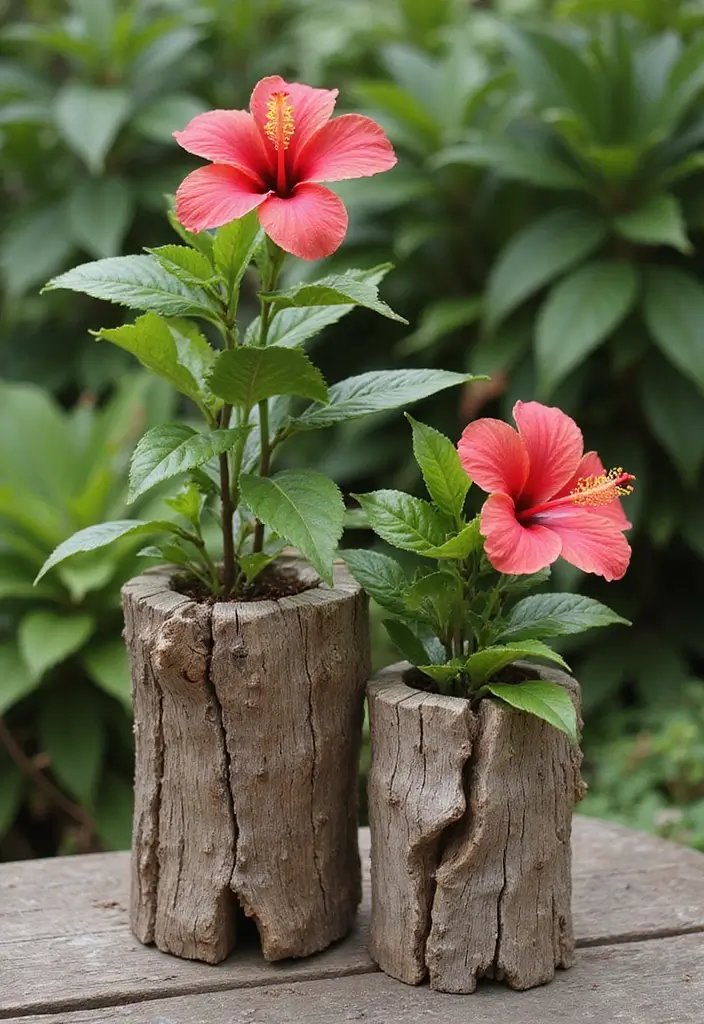 30 Hibiscus Planter Ideas That Bring Tropical Beauty - 22. Driftwood Planters