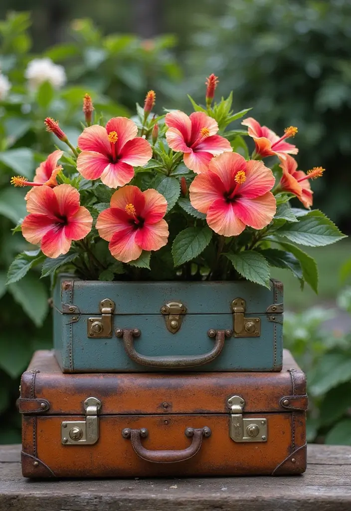30 Hibiscus Planter Ideas That Bring Tropical Beauty - 23. Vintage Suitcases
