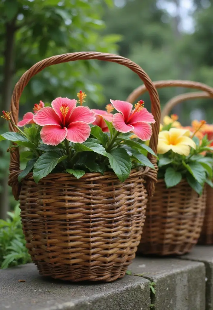 30 Hibiscus Planter Ideas That Bring Tropical Beauty - 26. Woven Basket Planters