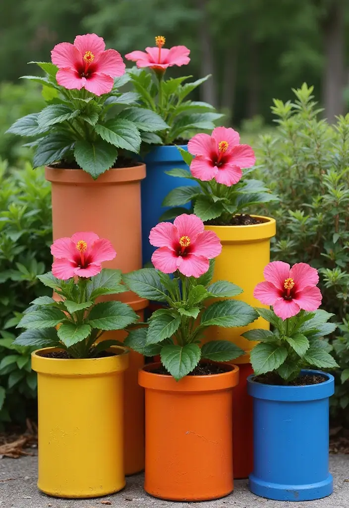 30 Hibiscus Planter Ideas That Bring Tropical Beauty - 28. Colorful PVC Pipe Planters