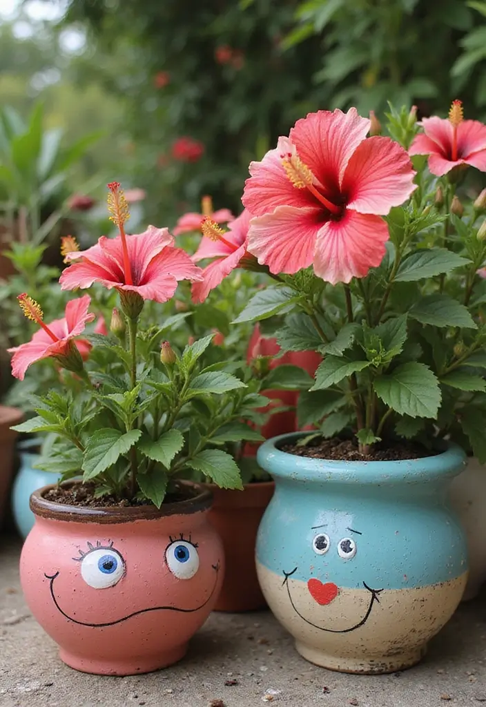 30 Hibiscus Planter Ideas That Bring Tropical Beauty - 7. Whimsical Painted Pots