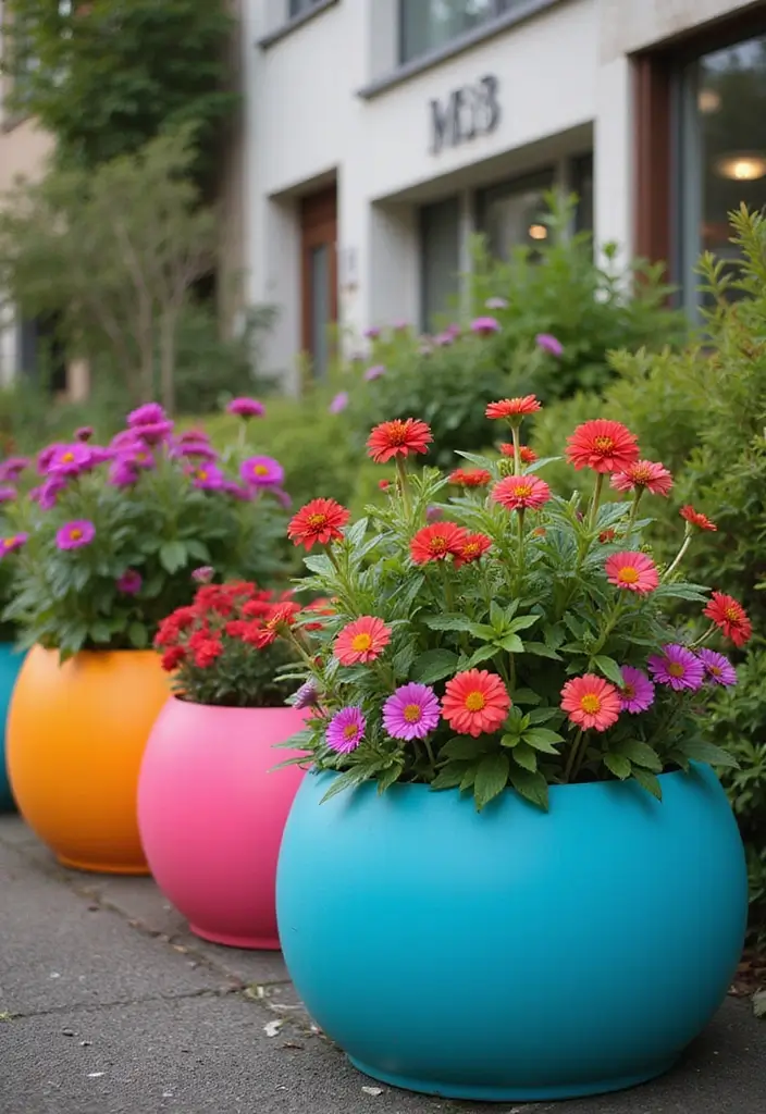 30 Large Round Planter Ideas That Make a Statement - 13. Eye-Catching Neon Planters