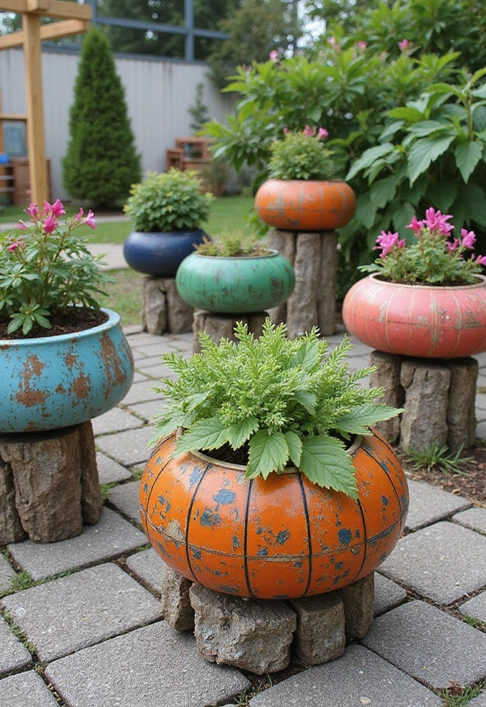 30 Large Round Planter Ideas That Make a Statement - 14. Upcycled Planters