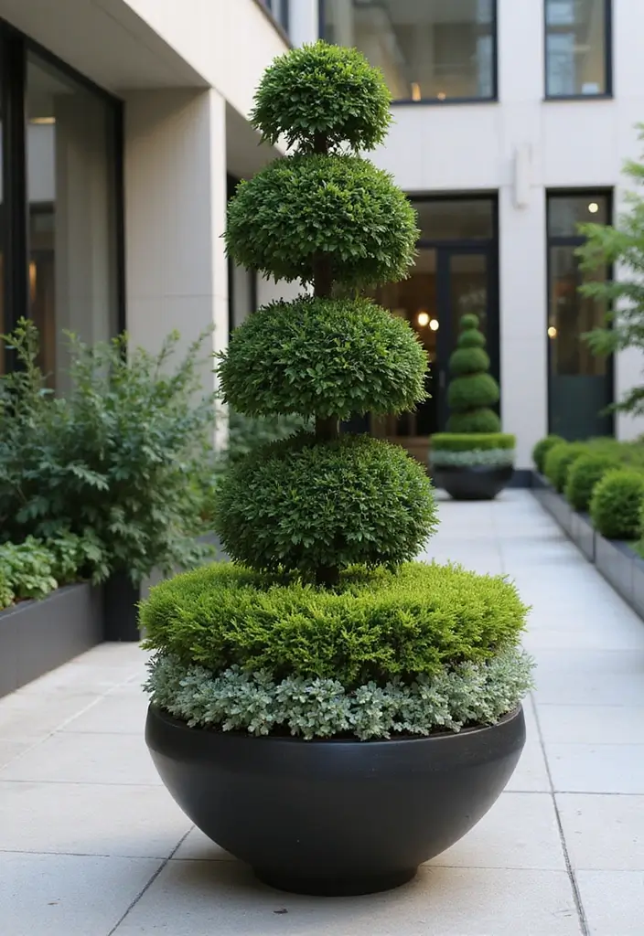 30 Large Round Planter Ideas That Make a Statement - 21. Elegant Boxwood Planters