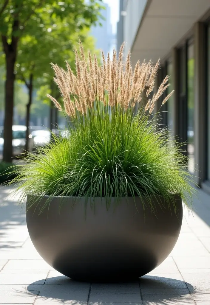 30 Large Round Planter Ideas That Make a Statement - 24. Ornamental Grass Planters