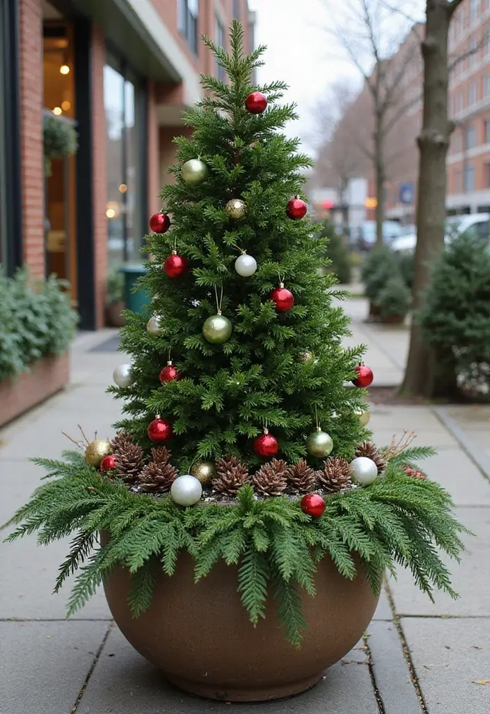 30 Large Round Planter Ideas That Make a Statement - 25. Festive Holiday Planters