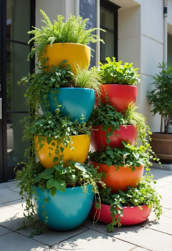 30 Large Round Planter Ideas That Make a Statement - 29. Colorful Vertical Planters