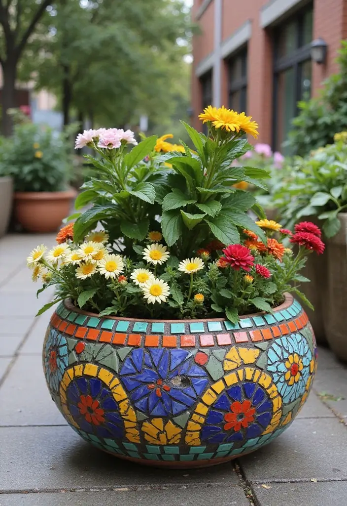 30 Large Round Planter Ideas That Make a Statement - 7. Whimsical Mosaic Planters