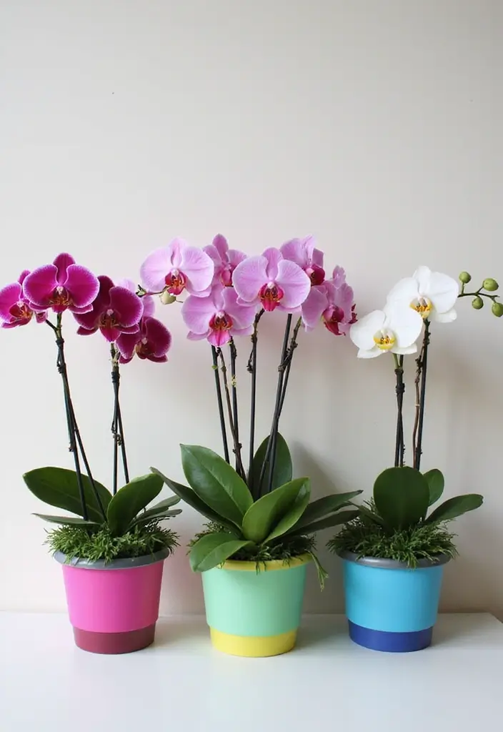 30 Orchid Planter Ideas That Highlight Elegant Blooms 93 30 Orchid Planter Ideas That Highlight Elegant Blooms - 17. Bright Color-Blocked Pots