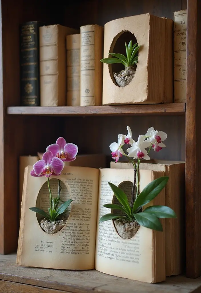 30 Orchid Planter Ideas That Highlight Elegant Blooms 112 30 Orchid Planter Ideas That Highlight Elegant Blooms - 20. Creative Book Planters