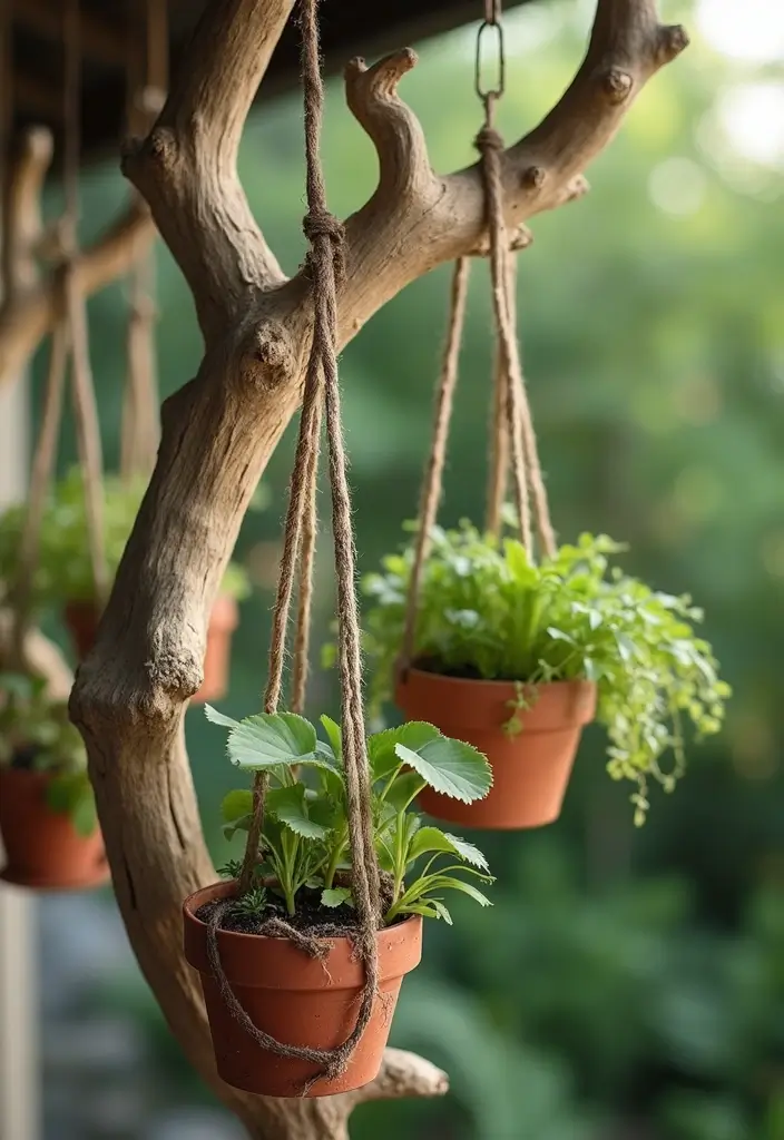 30 Outdoor Hanging Planter Ideas to Add Greenery Up High - 15. Hanging Driftwood Planters