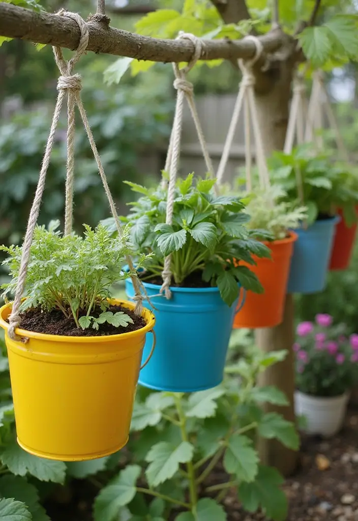 30 Outdoor Hanging Planter Ideas to Add Greenery Up High - 17. Hanging Bucket Planters