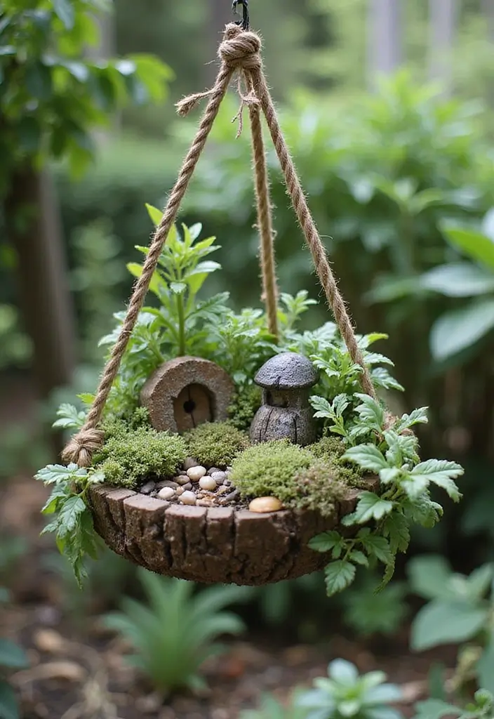 30 Outdoor Hanging Planter Ideas to Add Greenery Up High - 26. Hanging Fairy Garden