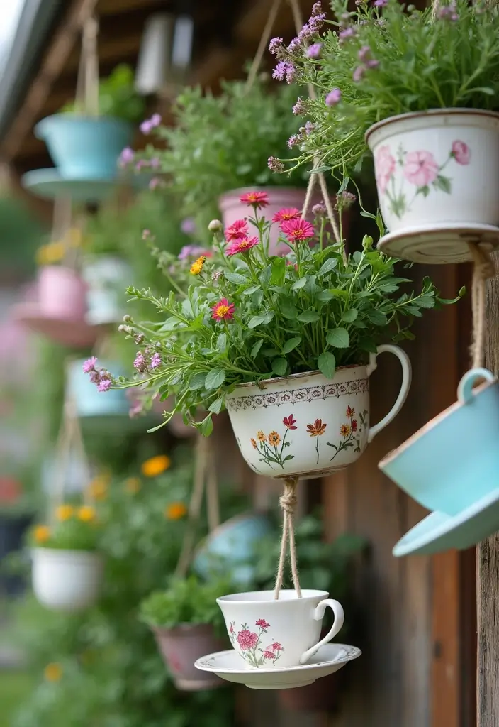 30 Outdoor Hanging Planter Ideas to Add Greenery Up High - 5. Repurposed Kitchenware