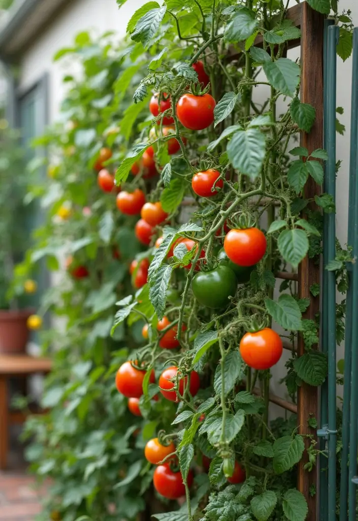 30 Patio Trellis Ideas That Add Privacy and Charm - 30. Trellis with Climbing Tomatoes