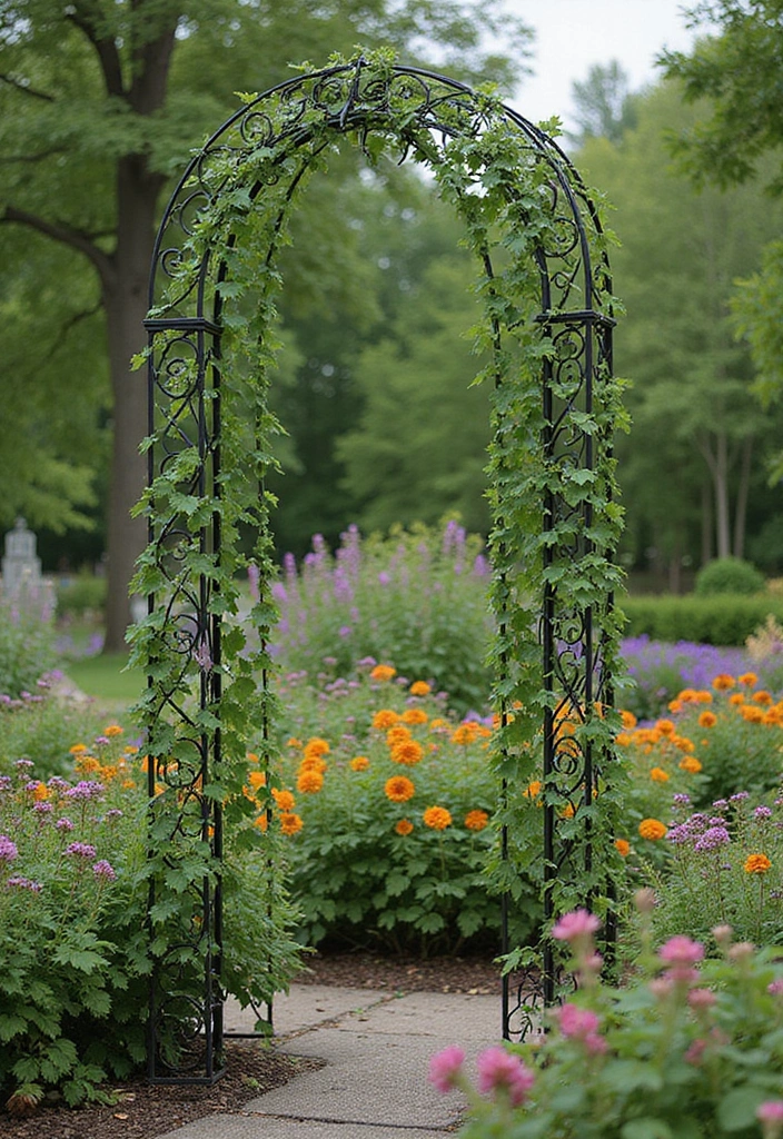 30 Pea Trellis Ideas to Support a Thriving Garden - 17. Charming Wrought Iron Trellis