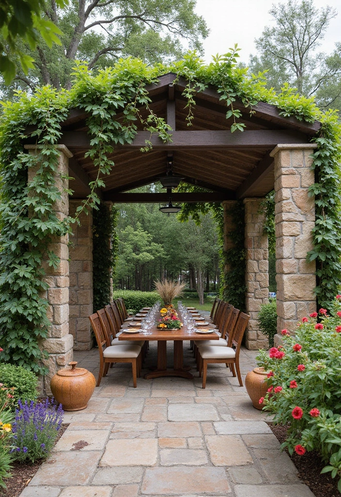 30 Pergola Trellis Ideas That Blend Shade and Style 78 30 Pergola Trellis Ideas That Blend Shade and Style - 12. Mediterranean Style Pergola with Stone Accents
