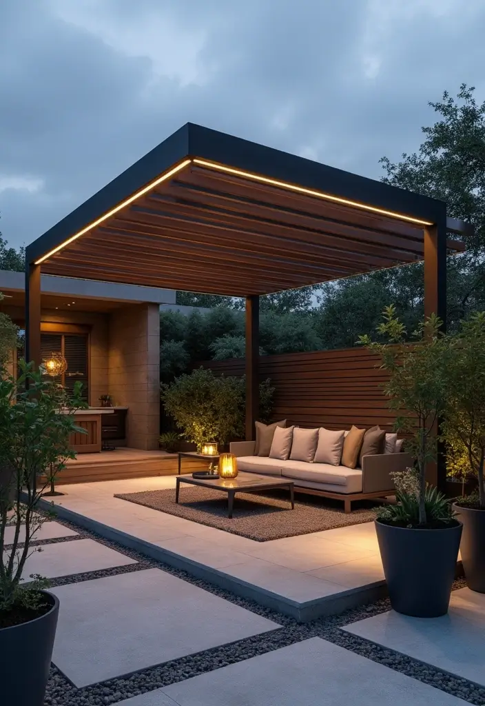 30 Pergola Trellis Ideas That Blend Shade and Style 8 30 Pergola Trellis Ideas That Blend Shade and Style - 2. Modern Minimalist Pergola with Integrated Lighting