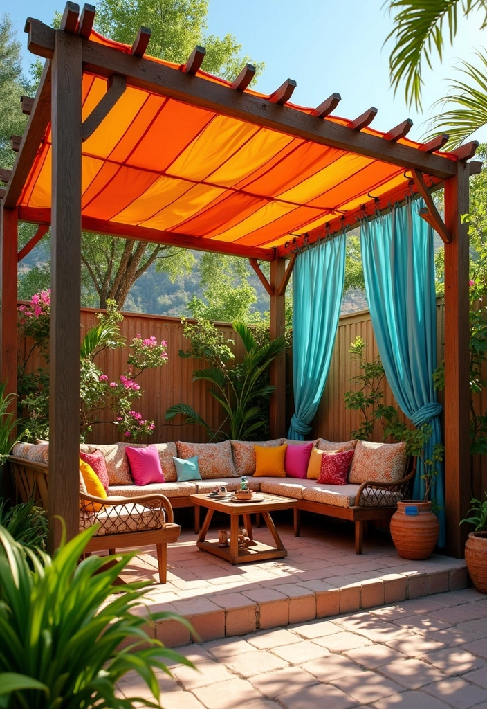 30 Pergola Trellis Ideas That Blend Shade and Style 15 30 Pergola Trellis Ideas That Blend Shade and Style - 3. Colorful Fabric Canopy Pergola