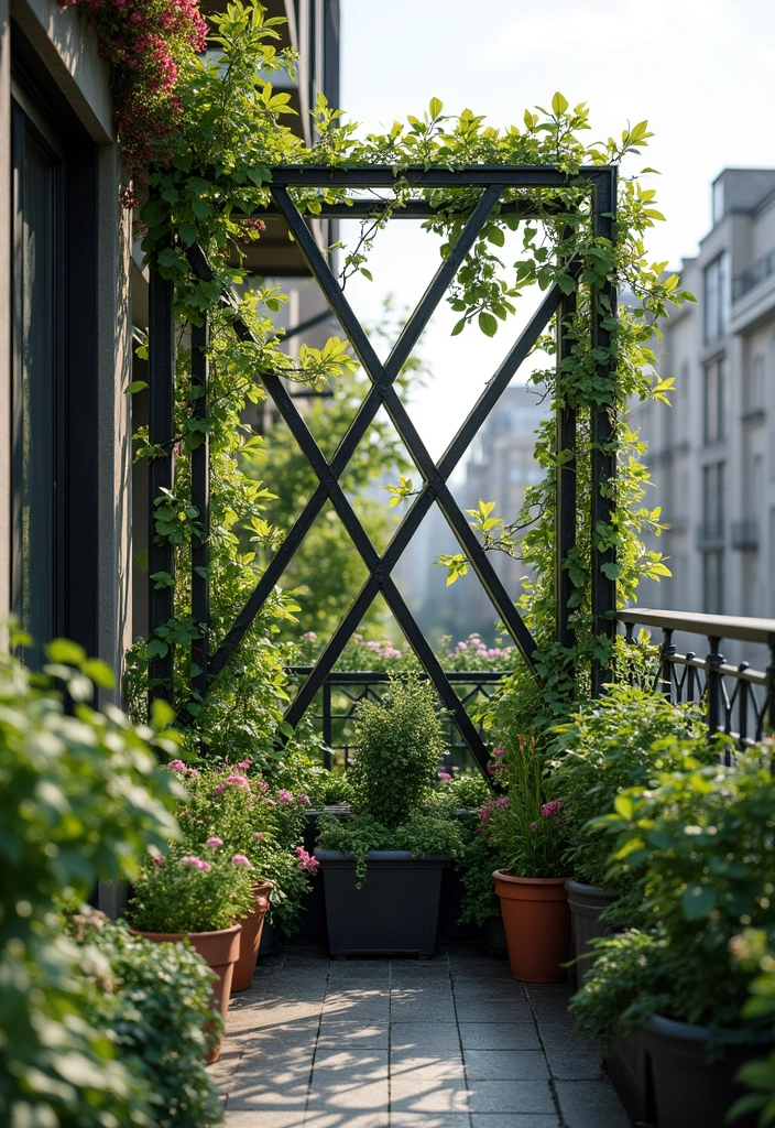 30 Pot Trellis Ideas Perfect for Small Gardens or Balconies - 10. Geometric Metal Frame