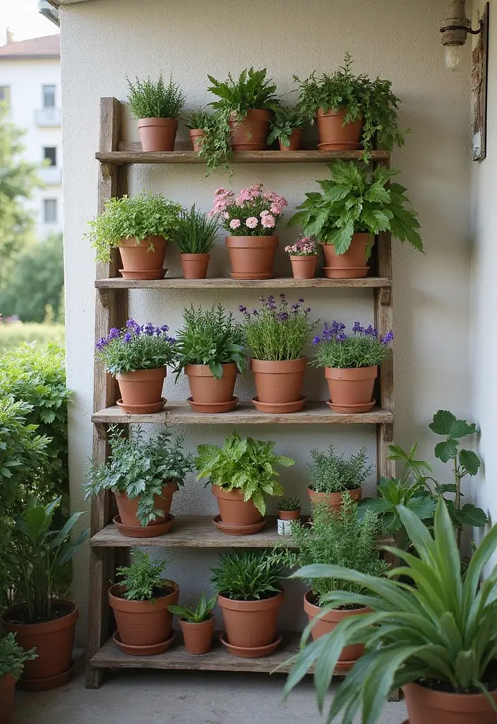 30 Pot Trellis Ideas Perfect for Small Gardens or Balconies - 11. Ladder Shelf Trellis