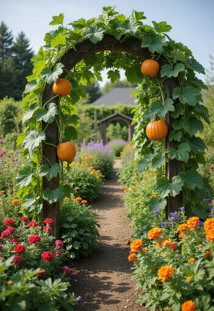 30 Pumpkin Trellis Ideas to Save Space and Grow Big 122 30 Pumpkin Trellis Ideas to Save Space and Grow Big - 20. Trellis with Edible Flowers