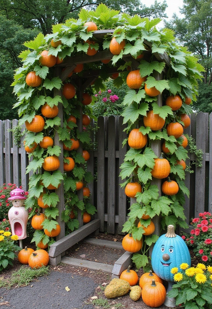 30 Pumpkin Trellis Ideas to Save Space and Grow Big 129 30 Pumpkin Trellis Ideas to Save Space and Grow Big - 21. Trellis with Garden Art