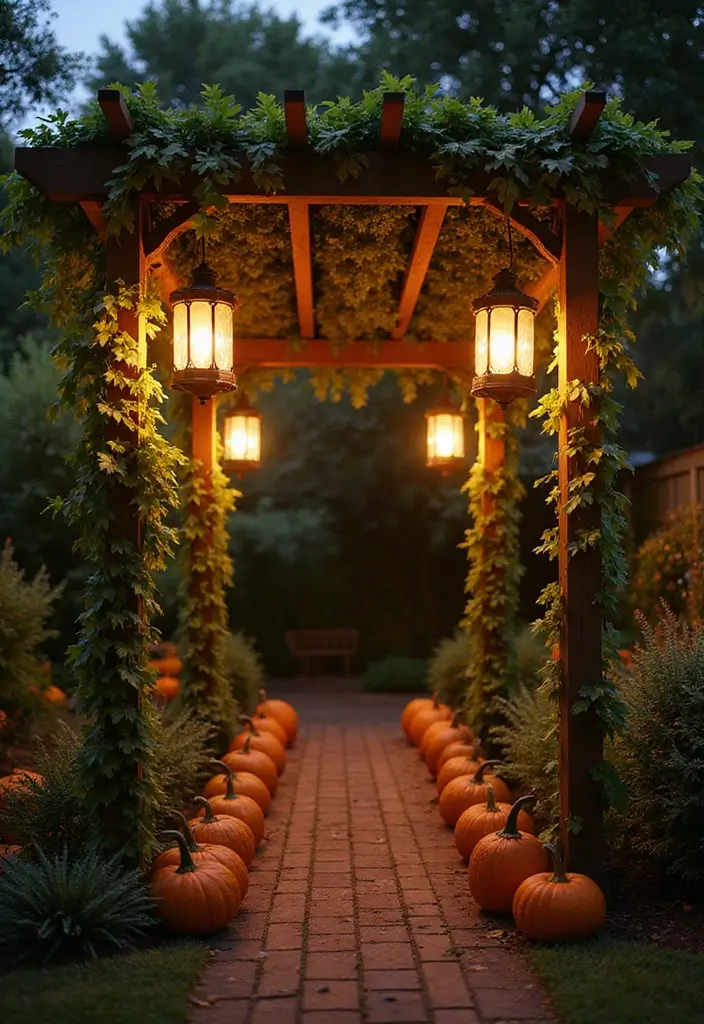 30 Pumpkin Trellis Ideas to Save Space and Grow Big 143 30 Pumpkin Trellis Ideas to Save Space and Grow Big - 23. Trellis with Hanging Lanterns