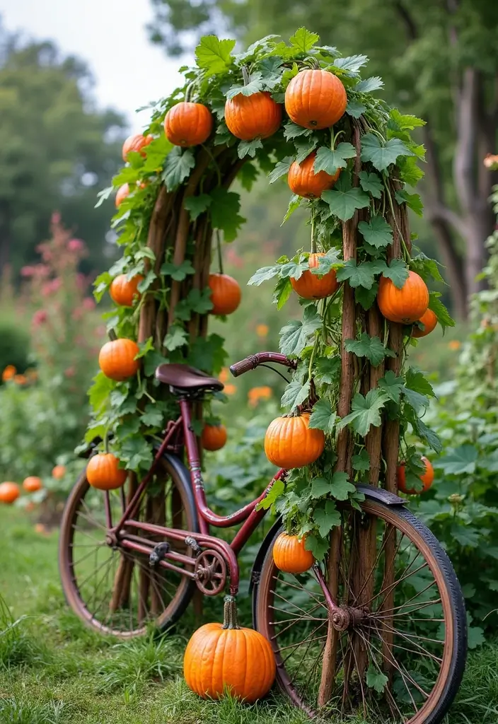 30 Pumpkin Trellis Ideas to Save Space and Grow Big 150 30 Pumpkin Trellis Ideas to Save Space and Grow Big - 24. Upcycled Bicycle Trellis