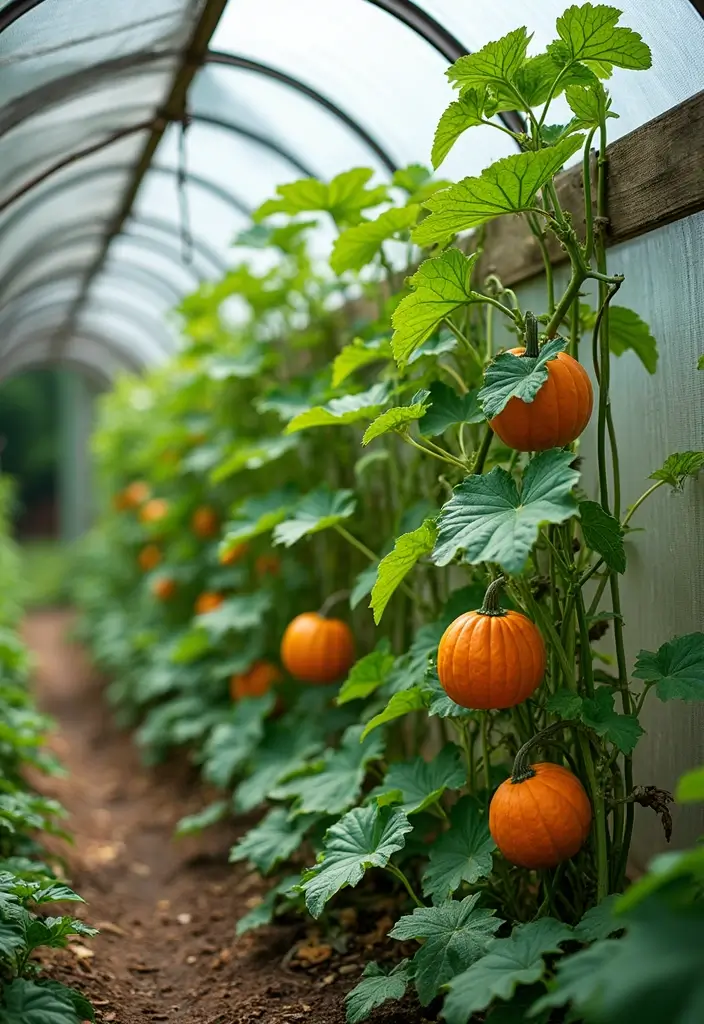 30 Pumpkin Trellis Ideas to Save Space and Grow Big 162 30 Pumpkin Trellis Ideas to Save Space and Grow Big - 26. Trellis with Greenhouse Cover